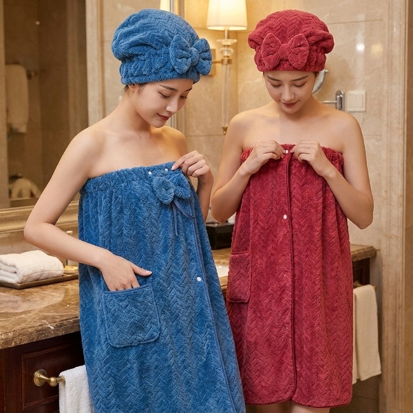 Reguliuojamas vonios rankšluostis su plaukų džiovinimo kepuraite 2 viename | LUXROBA